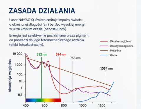 Zasada działania lasera Q-SWITCH NanoX - wykres absorpcji i długości fali
